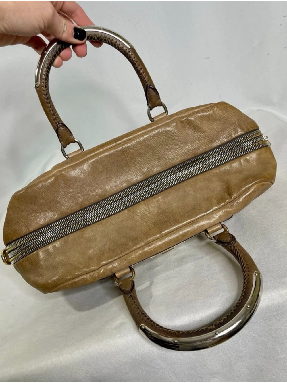 Prada Vintage Tan Leather Handbag With Gold/Brass Padlock Hardware - Picture 5 of 10